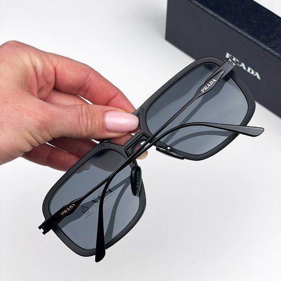 Prada PR57ZS 1BO5Z1 Sunglasses Matte Black Polarized Grey Pilot Metal Unisex - Picture 4 of 9